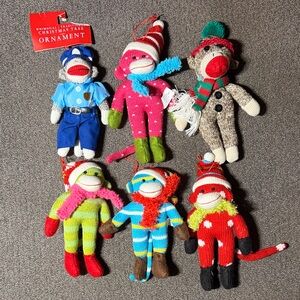 Sock Monkey 8” Plush Ornament Lot Of 6 NWT
